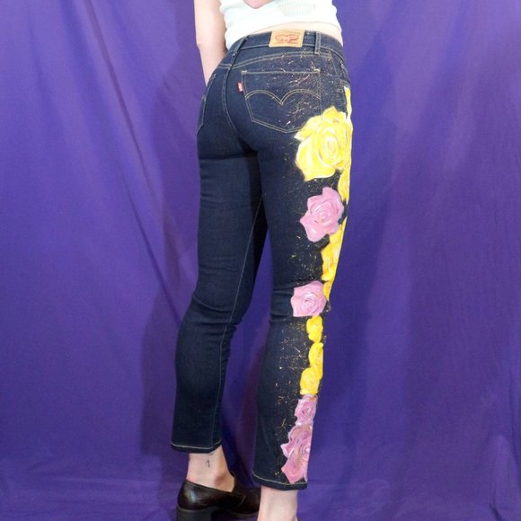 Yellow and Pink Rose Painted Dark Wash Skinny Levi - Picture 4 of 4